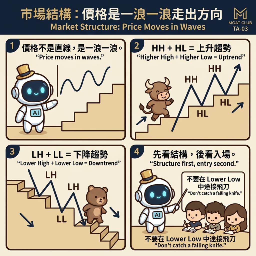 市場結構:價格是一浪一浪走出方向 — Moat Club 免費技術分析漫畫